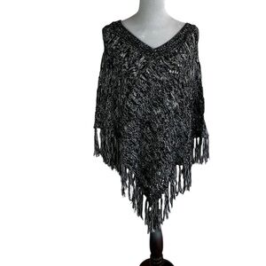JohnPaulRichard Black and Gray Fringed women’s Poncho,boho indie
